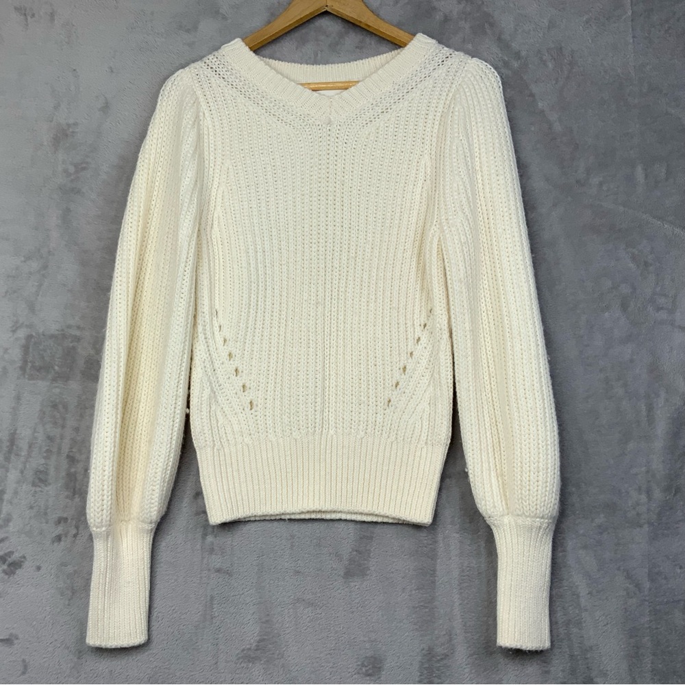 by Anthropologie Wool Blend Cream V-Neck Long Ballon Sleeve Sweater. Size Small.